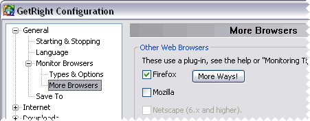 GetRight supports Firefox from the More Browsers configuration page
